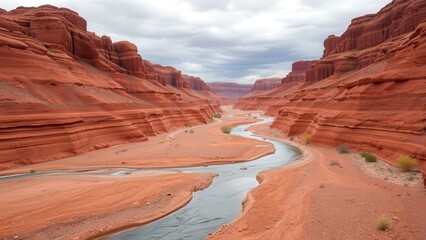 Winding River Through Red Sandstone Canyon
