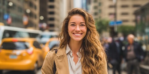 Cheerful Young Woman Smiling in a Bustling Urban Environment