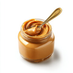 jar of peanut butter with spoon, smooth surface, isolated on white background