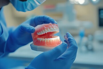 Dental Professional Demonstrating Artificial Teeth Model with Care
