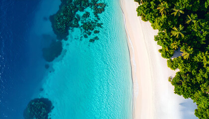 Aerial view of a tropical beach with turquoise water and lush green vegetation.