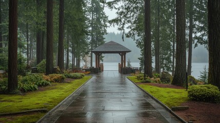 A paved pathway leads to a gazebo by a lake on a rainy day.
