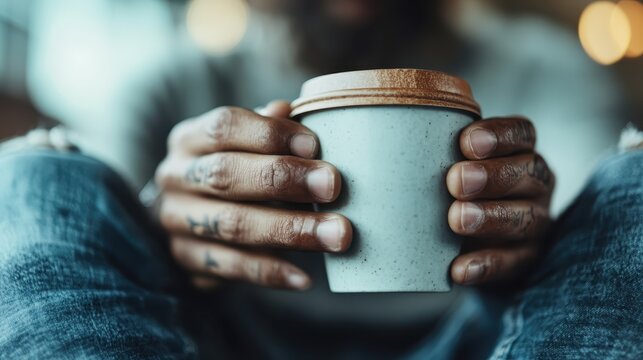 A casual man with visible tattoos enjoys holding a coffee cup, exuding relaxation and comfort in a warm setting conducive for intimate discussions or quiet contemplation. - Powered by Adobe