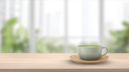 Fresh Green Tea in Cup on Wooden Table with Blurred Background
