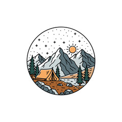 Peaceful Camping Spot by River with Tent, Mountain Peaks, and Trees in Circle Art - Vector Illustration
