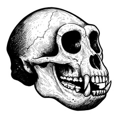 Detailed Monkey Skull Profile Side View in Black and White Outline Line Art Drawing