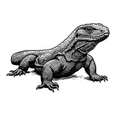 Obraz premium A Komodo Dragon Full Shot Detailed Black and White Outline Line Art Drawing Vintage Engraving Style