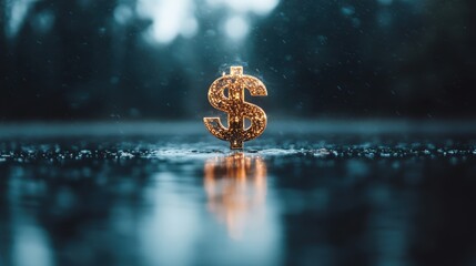 A striking image of a golden dollar symbol rising amidst refreshing raindrops, encapsulating themes of wealth, prosperity, and the contrast between materialism and nature.