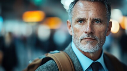 Fototapeta premium A mature man with a well-groomed beard and piercing blue eyes stands amidst a bustling crowd, embodying confidence and determination in a urban setting.