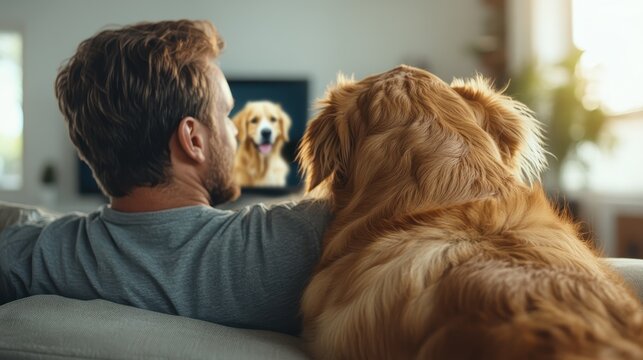 A serene moment captured between a man and his golden retriever as they bond while watching TV, showcasing the beauty of companionship and shared experiences at home.