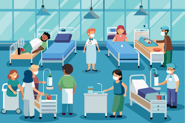 Healthcare professionals attending to patients in a modern hospital ward during daytime hours