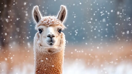 Obraz premium A serene portrait of a llama amidst falling snow, showcasing its fluffy coat and gentle expression in a tranquil winter setting with a soft-focused background.