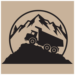 Silhouette illustration of a dump truck climbing a rocky hill with mountain background