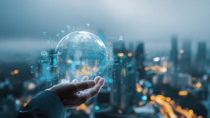 Business Hand Presenting Digital Earth with IoT Icons in Cyan-Gold Light Effect
