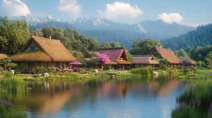 Naklejka premium Lakeside Village: Thatched Cottages & Mountains