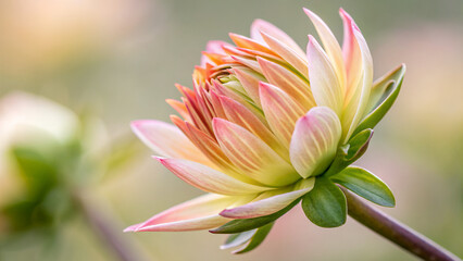 Fototapeta premium Beautiful dahlia flower bud opening with delicate orange and pink petals