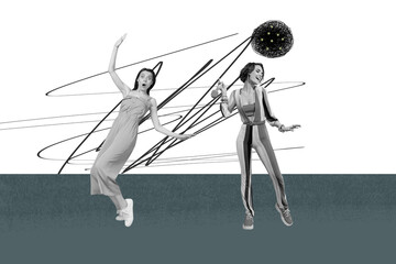Trend pop collage of people having messy doodles on grey white blue color background
