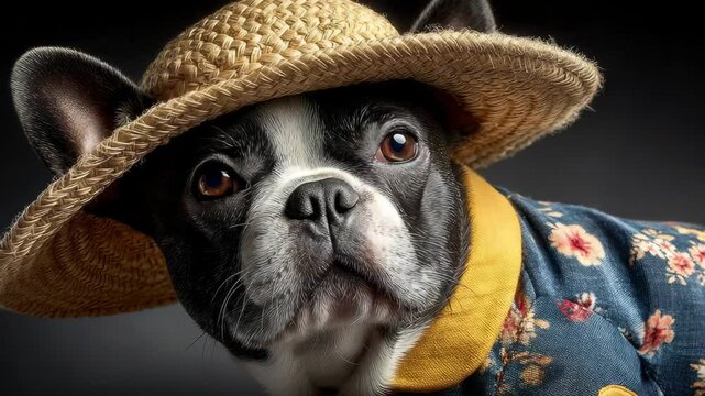 Adorable french bulldog in straw hat and floral outfit poses with curiosity