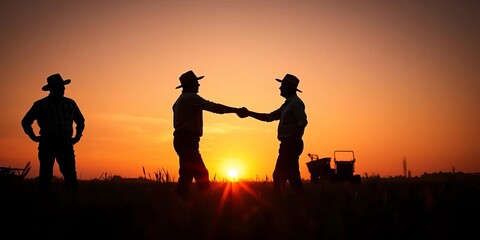 Sunset silhouettes of farmers shaking hands in a field,  twilight,  togetherness