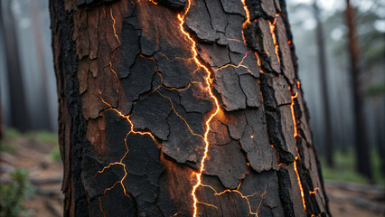 Glowing cracks on charred tree bark after a forest fire
