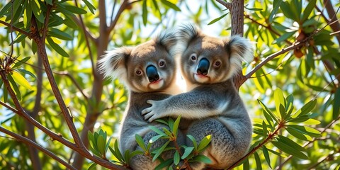 Obraz premium Two playful koala cubs embrace amidst eucalyptus trees, sunlight dappling through leaves, happy, fluffy