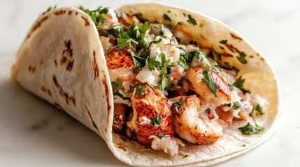 A delectable shrimp taco packed with fresh ingredients, highlighting the culinary art of food presentation and the joy of savoring vibrant flavors in a casual setting.