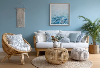 Scandinavian interior design of a modern living room, featuring a white sofa, armchair, and large abstract wall art on blue-green walls