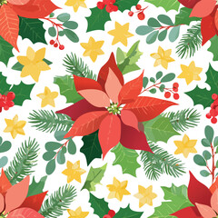 Seamless christmas pattern with poinsettia and holly leaves