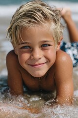 A young boy with short blond hair, wearing black and blue swim trunks, lies on his back in the water at sea
