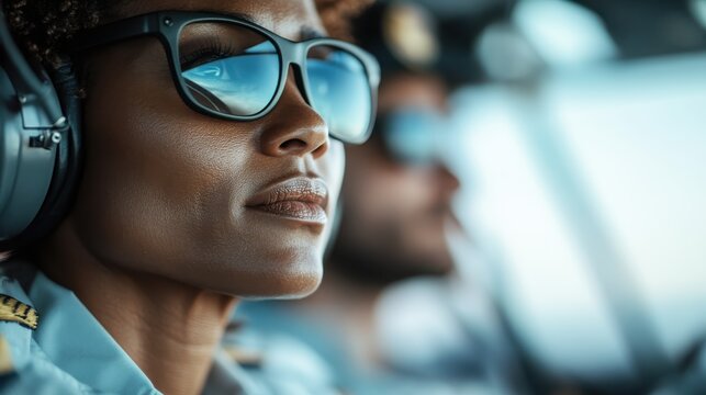 A determined pilot wearing headphones and sunglasses focuses intently at controls in the cockpit, embodying professionalism, confidence, and the thrill of aviation and adventure. - Powered by Adobe