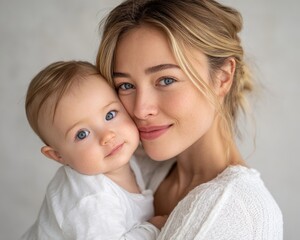 Happy, smiling mother with blonde hair kissing her baby in white against a light background