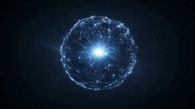 surreal ball rotation in the form of wavy organic lines curved in the process of deformation in translucent glass material with laser plasma neon lines around it in blue on a black background