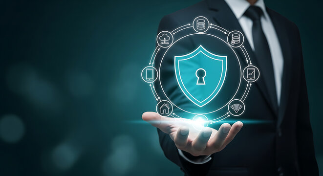 Businessman Hand Holding Teal Cyber Security Shield Icon