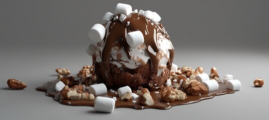 A decadent rocky road ice cream sundae with marshmallows and nuts