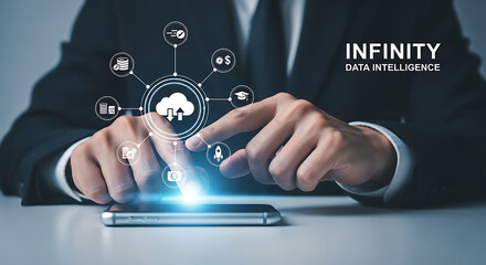Person using smartphone cloud data intelligence interface