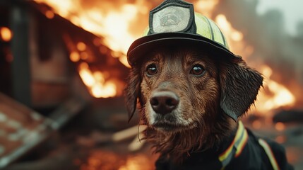 A brave dog dressed as a firefighter stands in front of a raging fire, embodying courage and loyalty in a challenging situation for animals and humans alike.