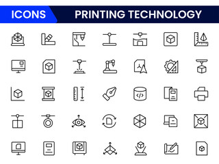 Futuristic vector web line icons depicting 3D, 4D printing, additive manufacturing, prototypes, and innovative fabrication for advanced technology solutions.