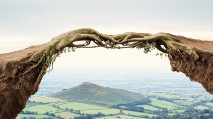 Fototapeta premium Natural root bridge spanning earthy cliffs with twisted roots, green leaves, vines, rolling hills, fields, prominent hill, overcast sky, serene mystical atmosphere.