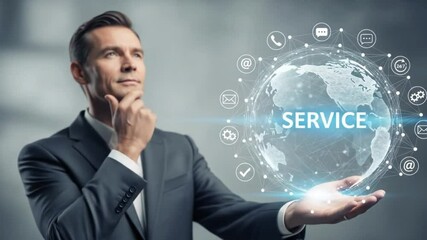 A businessman holds a glowing globe with the word service surrounded by communication icons, representing global customer support