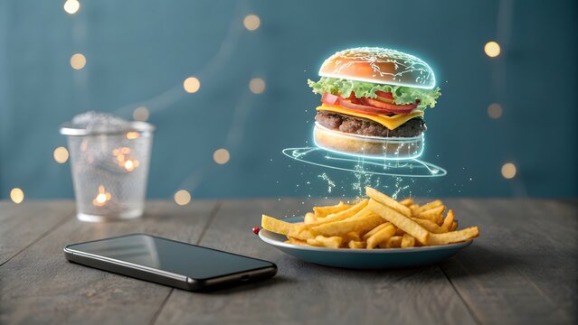 Futuristic Burger with Smartphone and Fries on Wooden Table