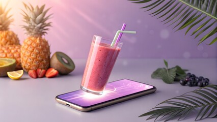 Vibrant Smoothie Floating Above Smartphone with Fresh Fruits Display