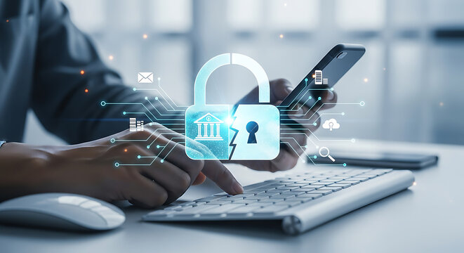 Person Using Keyboard Smartphone Broken Padlock Cybersecurity Data Breach