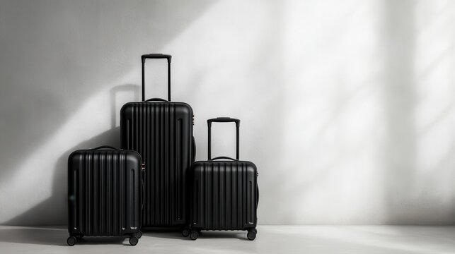 This minimalist image features a sleek set of black travel suitcases arranged stylishly, ideal for showcasing travel essentials and contemporary design aesthetics.