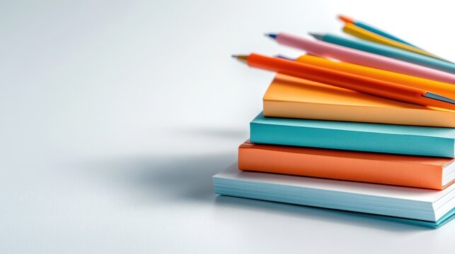 An aesthetically pleasing display of vibrant notebooks and pens arranged neatly against a clean, white surface, perfect for students and office supplies enthusiasts.