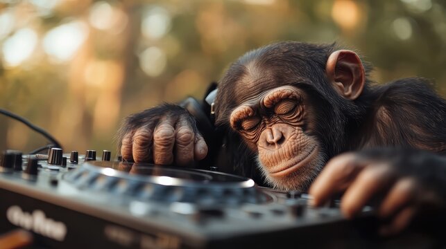 A playful depiction of a chimpanzee intently focused on a DJ mixer, creating an amusing and lighthearted atmosphere that blends animal behavior with a musical theme.
