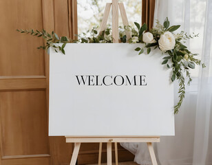 blank white welcome sign on an easel for a modern boho wedding - mockup template with copy text space, wedding bouquet 