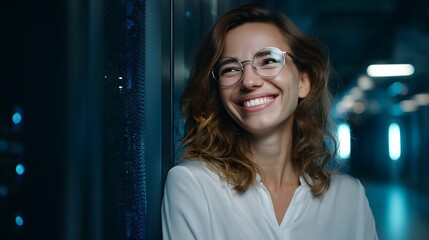 Fototapeta premium a female tech founder smiling beside a server rack