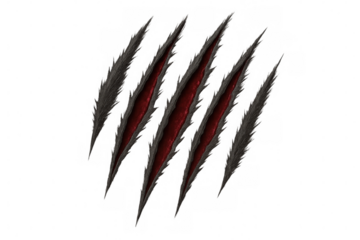 Illustration of four bloody claw marks ripping through a transparent background, creating a dramatic and eerie effect