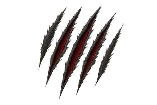 Illustration of four bloody claw marks ripping through a transparent background, creating a dramatic and eerie effect