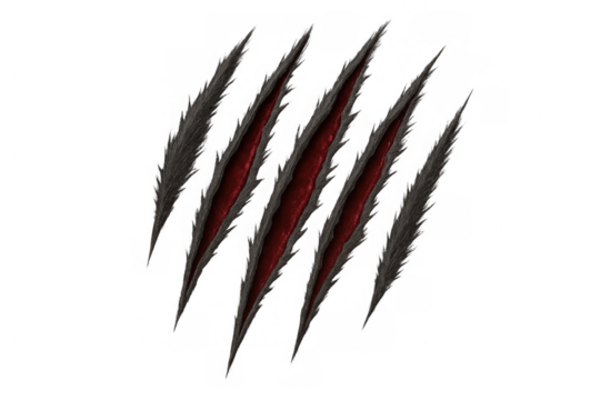 Illustration of four bloody claw marks ripping through a transparent background, creating a dramatic and eerie effect